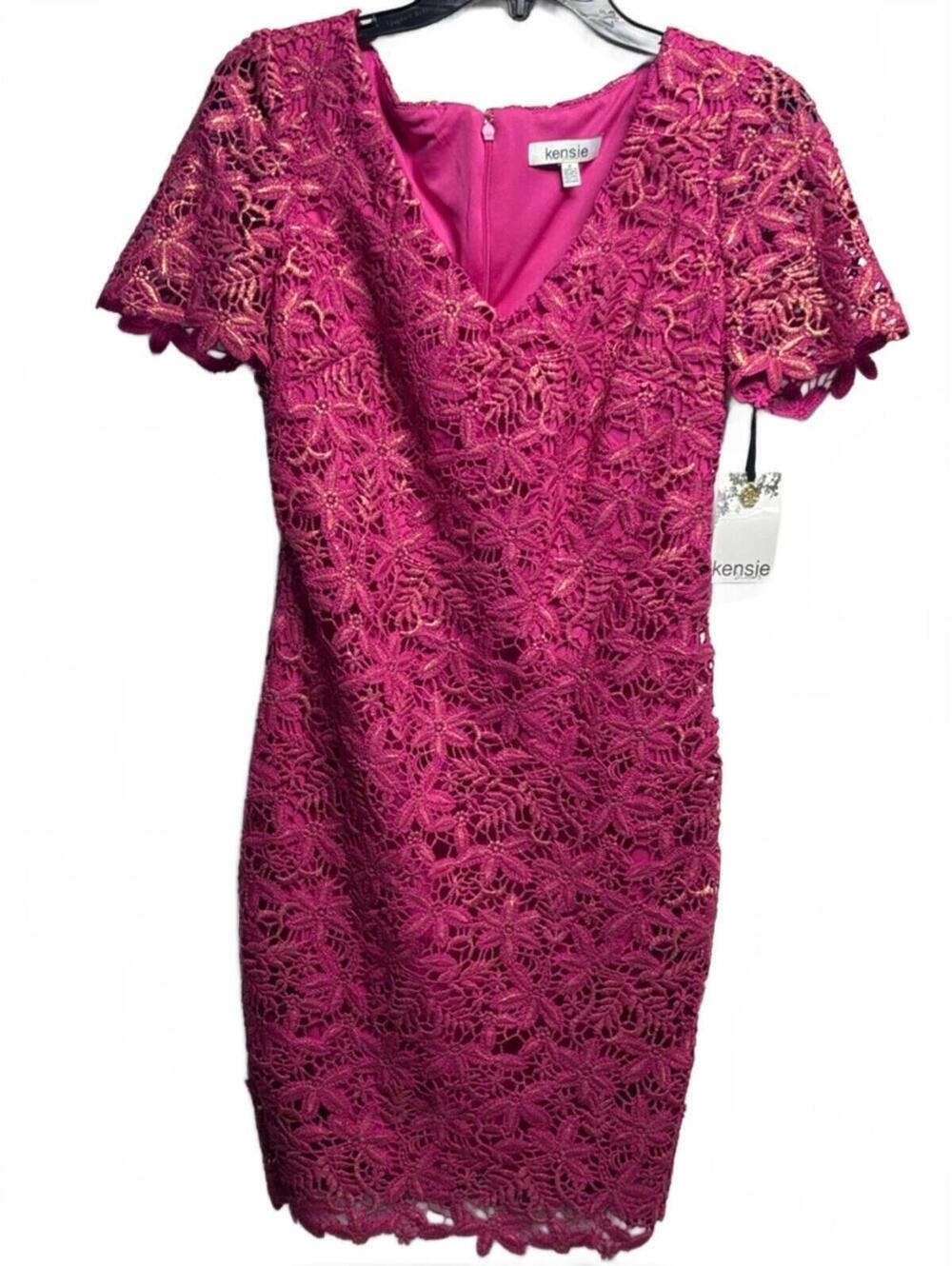 Kenzie Embroidered Lace Short Sleeve Pink/Gold Sheath Dress Size 6 NWT